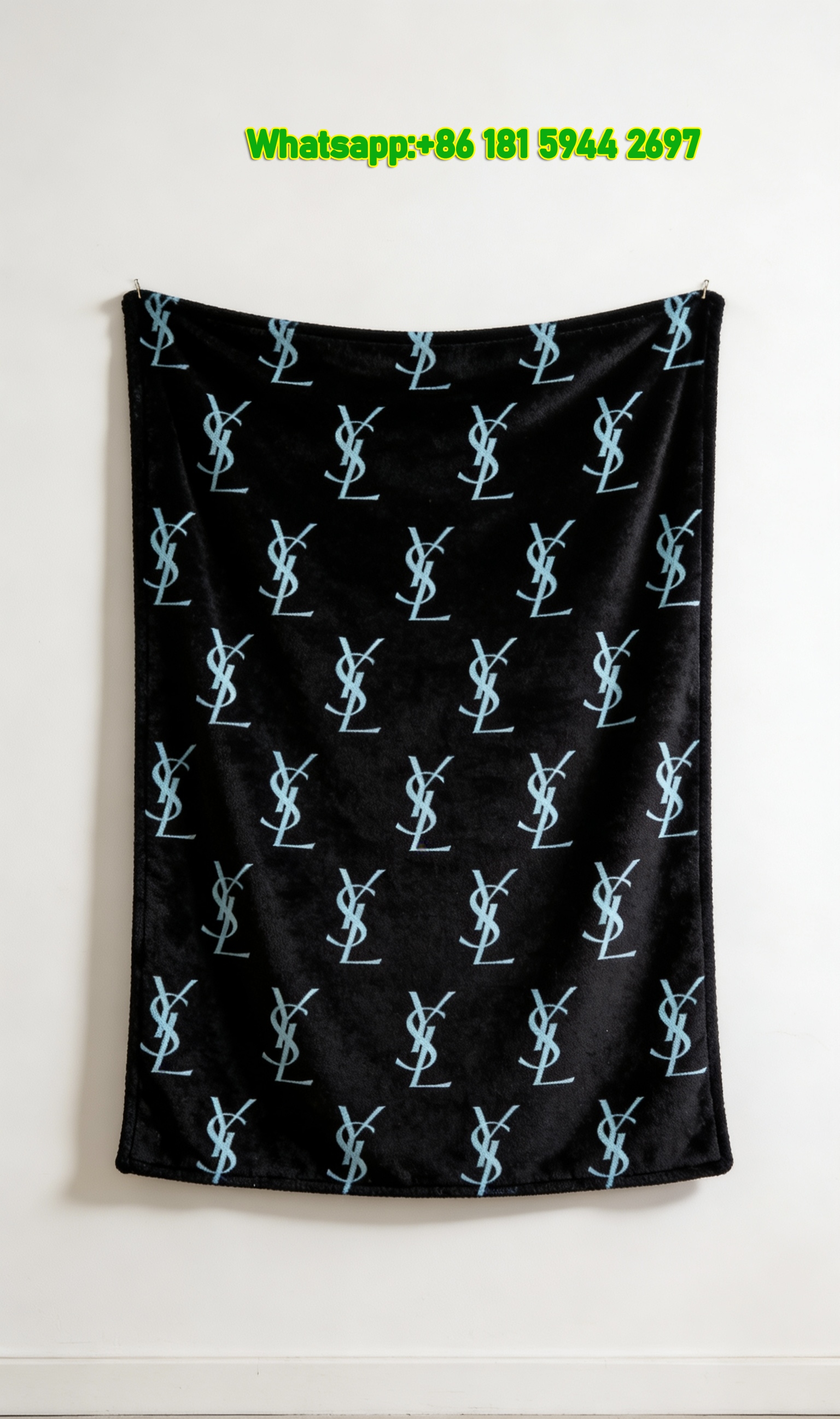 Yves Saint Laurent YSL Black Light Blue All Over Monogram Logo Print Flannel Sofa Throw Blanket Luxury Aesthetic Decor Blanket IMG_3235